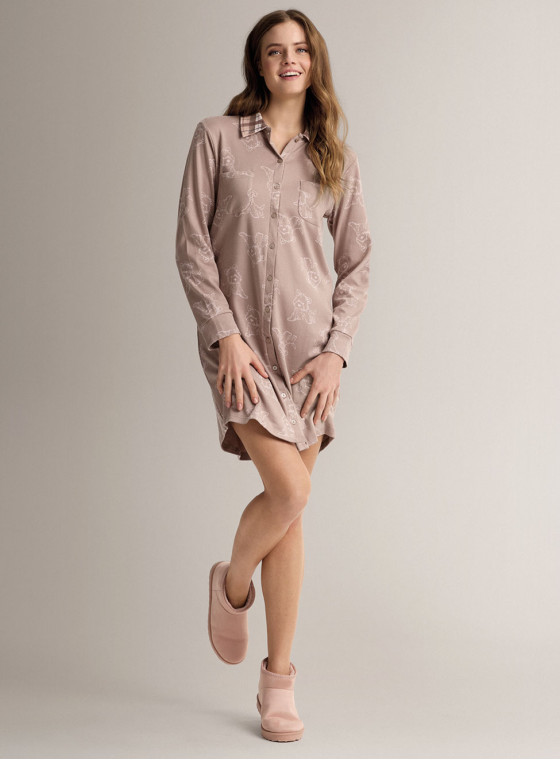 Cotton shirt-collar open-front nightdress with long sleeves, button front and shirt collar