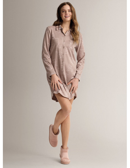 Cotton shirt-collar open-front nightdress with long sleeves, button front and shirt collar