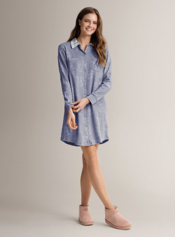 Cotton shirt-collar open-front nightdress with long sleeves, button front and shirt collar 2