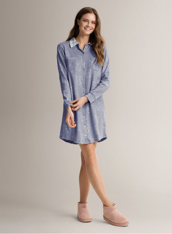 Cotton shirt-collar open-front nightdress with long sleeves, button front and shirt collar