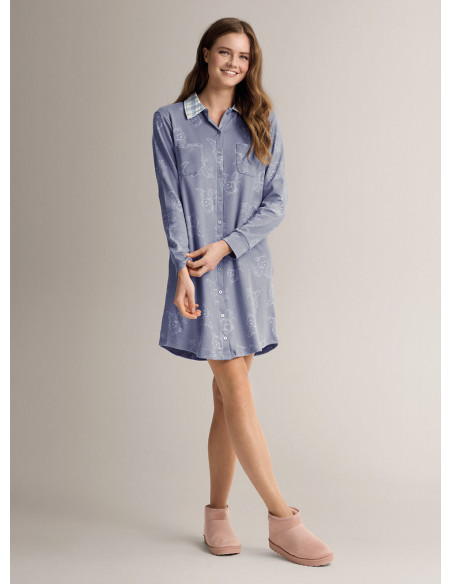 Cotton shirt-collar open-front nightdress with long sleeves, button front and shirt collar