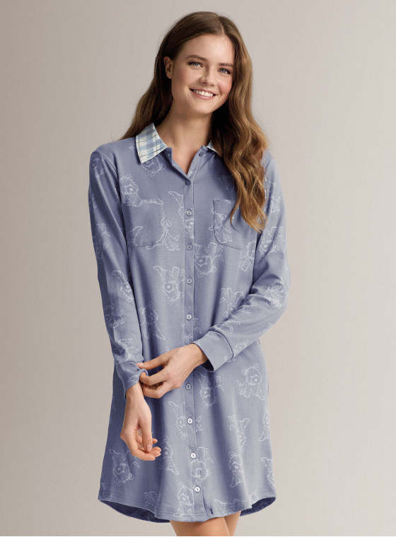 Shirt-collar open-front nightdress - DOGGIECHECK