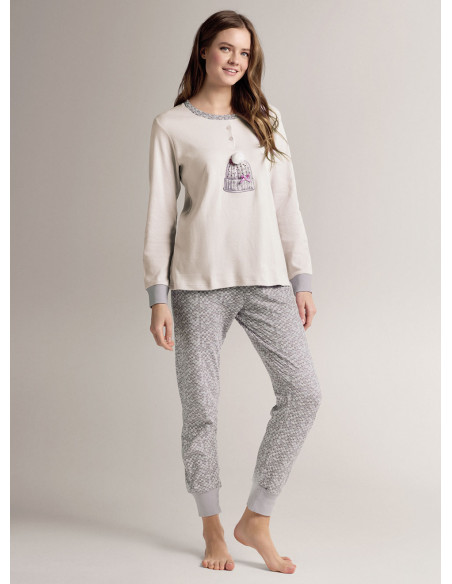 Pigiama serafino in cotone con maglia a maniche lunghe e pantalone lungo con polsi