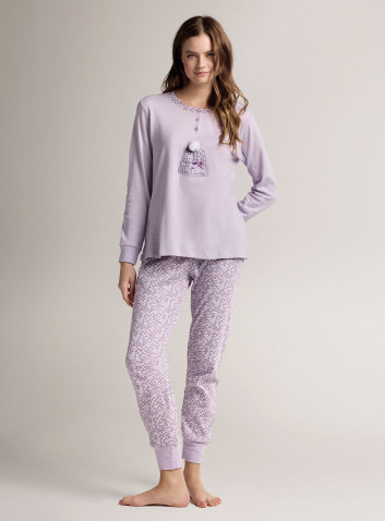 Pigiama serafino in cotone con maglia a maniche lunghe e pantalone lungo con polsi