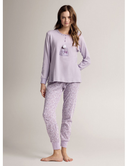 Pigiama serafino in cotone con maglia a maniche lunghe e pantalone lungo con polsi