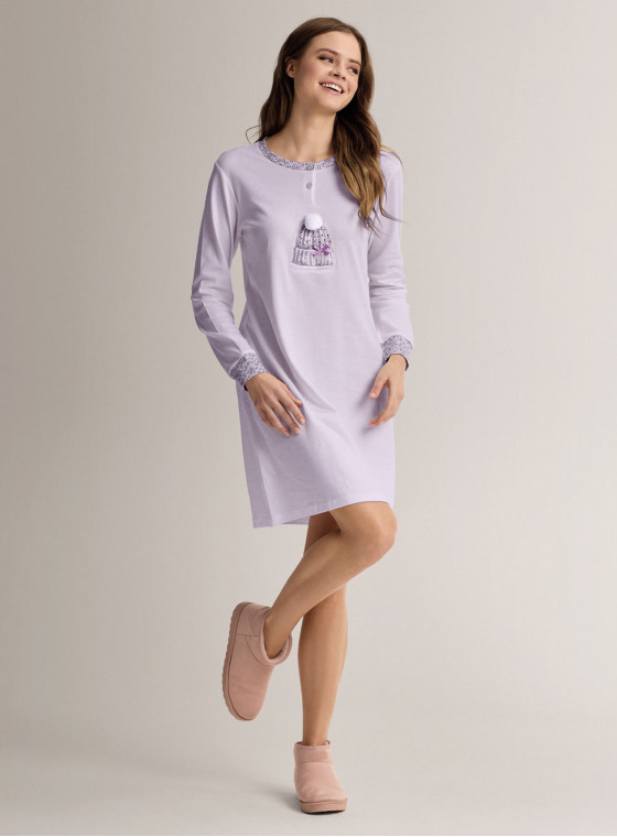 Cotton grandad nightdress with long sleeves and grandad neckline