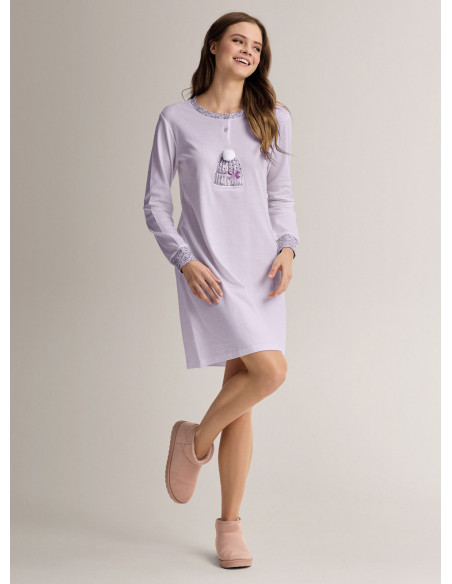 Cotton grandad nightdress with long sleeves and grandad neckline