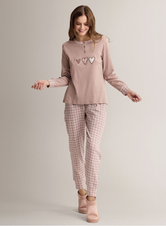 Pigiama serafino in cotone con maglia a maniche lunghe e pantalone lungo con polsi