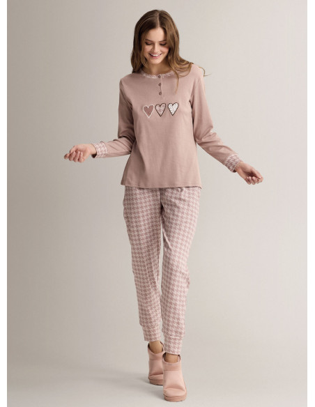 Pigiama serafino in cotone con maglia a maniche lunghe e pantalone lungo con polsi