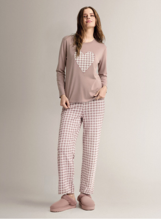 Cotton round-neck pyjamas with long-sleeve top and long wide-leg trousers