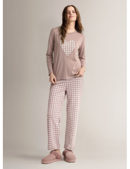 Pigiama girocollo in cotone con maglia a maniche lunghe e pantalone lungo palazzo