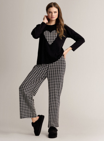 Cotton round-neck pyjamas with long-sleeve top and long wide-leg trousers