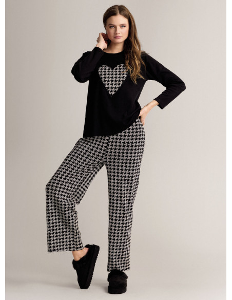 Cotton round-neck pyjamas with long-sleeve top and long wide-leg trousers