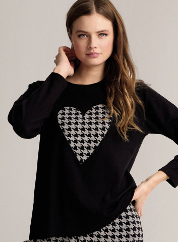 Cotton round-neck pyjamas with long-sleeve top and long wide-leg trousers 2