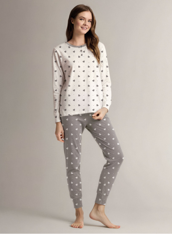 Pigiama serafino in cotone con maglia a maniche lunghe e pantalone lungo con polsi