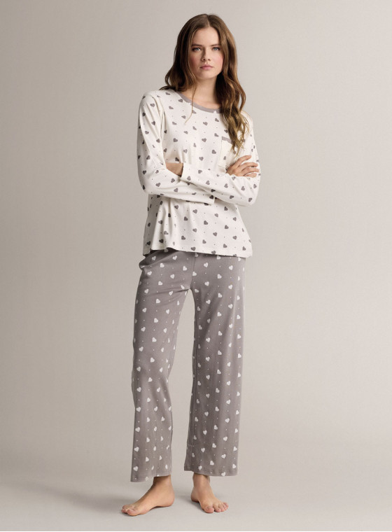 Pigiama girocollo in cotone con maglia a maniche lunghe e pantalone lungo palazzo