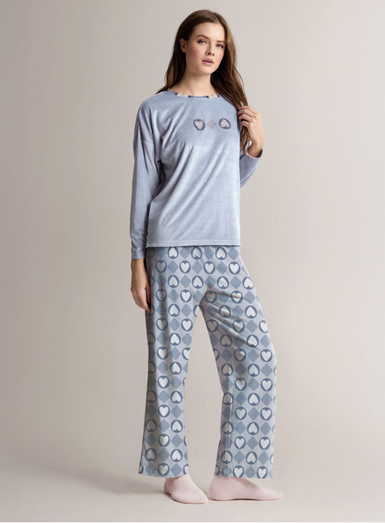 Pigiama girocollo in microcoral morbido e leggero con maglia a maniche lunghe e pantalone lungo palazzo