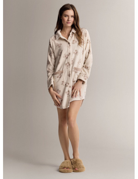 Vestaglia collo camicia con bottoni in coral morbido e caldo con modello a maniche lunghe con chiusura a bottoni