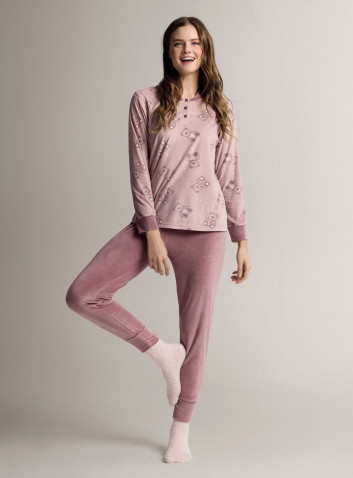 Pigiama serafino in microcoral morbido e leggero con maglia a maniche lunghe e pantalone lungo con polsi