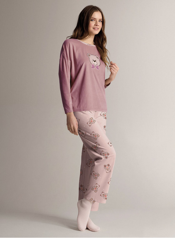 Round-neck pyjamas in soft, lightweight microcoral with long-sleeve top and long wide-leg trousers
