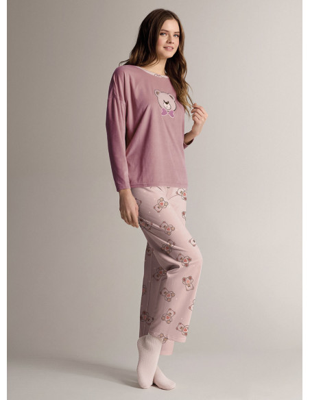 Pigiama girocollo in microcoral morbido e leggero con maglia a maniche lunghe e pantalone lungo palazzo