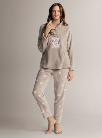 Grandad pyjamas in soft, warm coral fleece with long-sleeve top and long straight-leg trousers