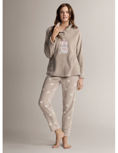 Grandad pyjamas in soft, warm coral fleece with long-sleeve top and long straight-leg trousers