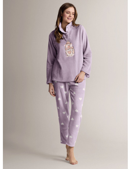 Grandad pyjamas in soft, warm coral fleece with long-sleeve top and long straight-leg trousers