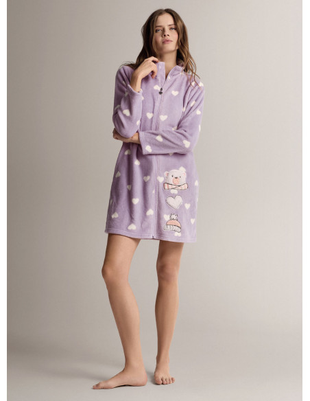 Full-zip robe in soft, warm coral fleece with long-sleeve style with full-zip fastening