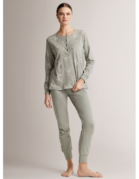 Pigiama serafino in cotone con maglia a maniche lunghe e pantalone lungo con polsi