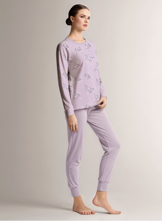 Pigiama serafino in cotone con maglia a maniche lunghe e pantalone lungo con polsi