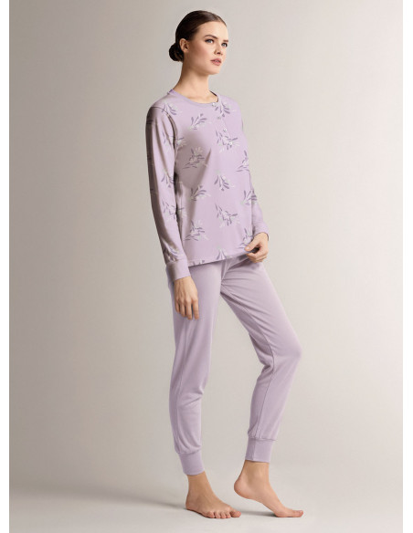 Pigiama serafino in cotone con maglia a maniche lunghe e pantalone lungo con polsi
