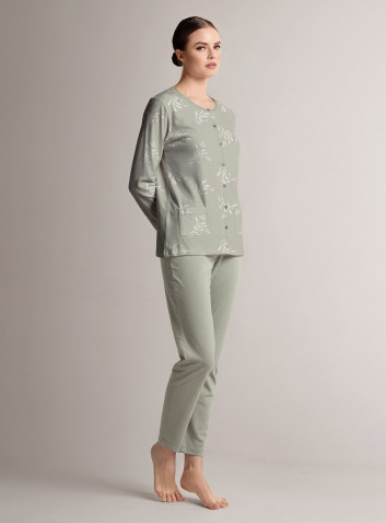 Cotton round-neck open-front pyjamas with open-front long-sleeve top and long straight-leg trousers 2