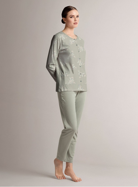 Pigiama aperto girocollo in cotone con maglia aperta a maniche lunghe e pantalone lungo dritto