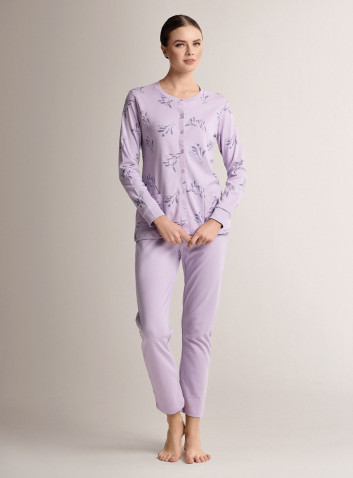 Pigiama aperto girocollo in cotone con maglia aperta a maniche lunghe e pantalone lungo dritto