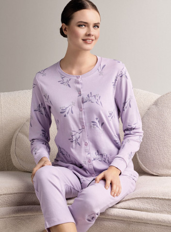 Cotton round-neck open-front pyjamas with open-front long-sleeve top and long straight-leg trousers 2