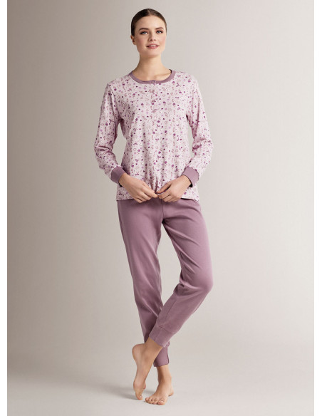 Pigiama serafino in cotone con maglia a maniche lunghe e pantalone lungo con polsi