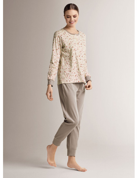 Pigiama serafino in cotone con maglia a maniche lunghe e pantalone lungo con polsi