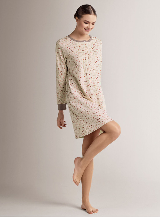 Cotton grandad nightdress with long sleeves and grandad neckline