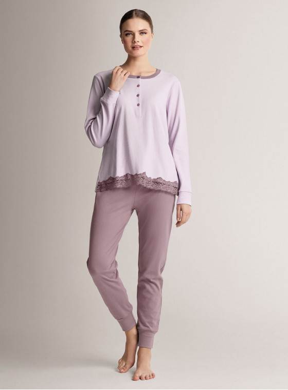 Pigiama serafino in cotone con maglia a maniche lunghe e pantalone lungo con polsi