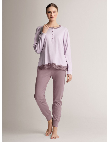 Pigiama serafino in cotone con maglia a maniche lunghe e pantalone lungo con polsi