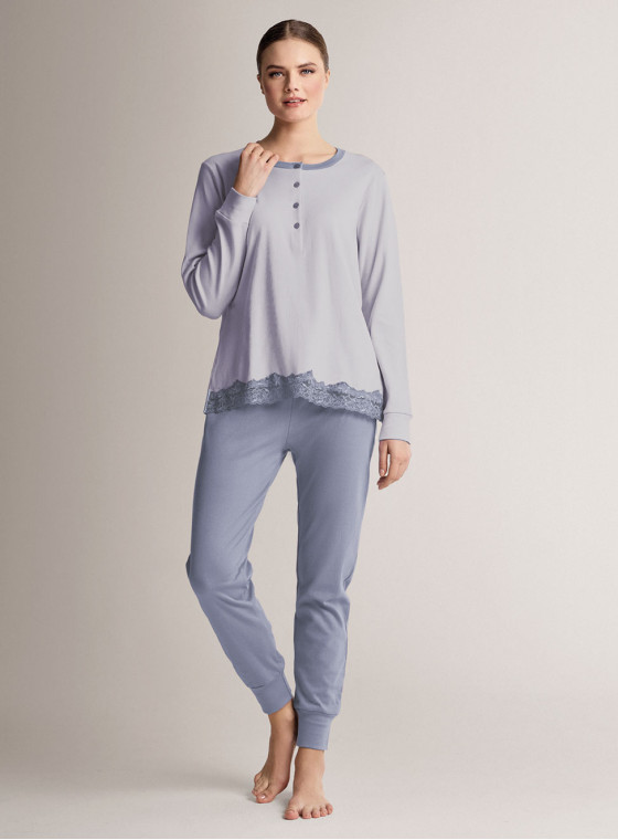 Pigiama serafino in cotone con maglia a maniche lunghe e pantalone lungo con polsi