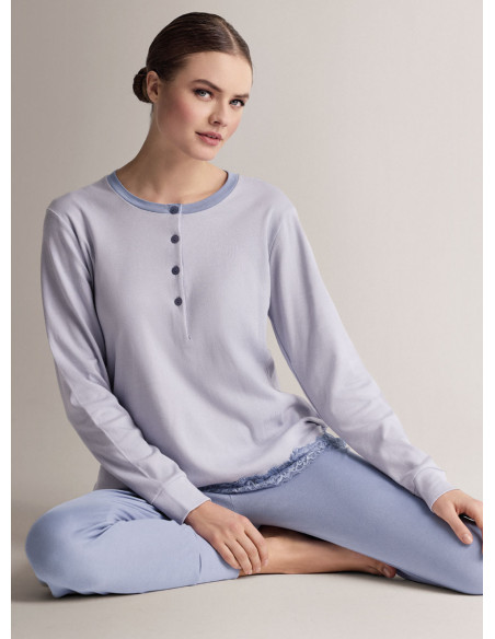 Pigiama serafino in cotone con maglia a maniche lunghe e pantalone lungo con polsi