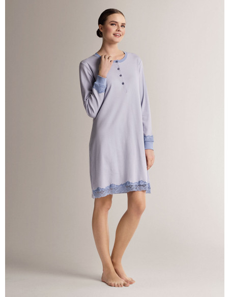 Cotton grandad nightdress with long sleeves and grandad neckline