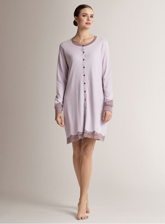 Cotton round-neck open-front nightdress with long sleeves, round neck and button front