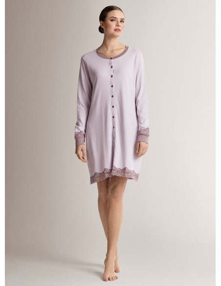 Cotton round-neck open-front nightdress with long sleeves, round neck and button front