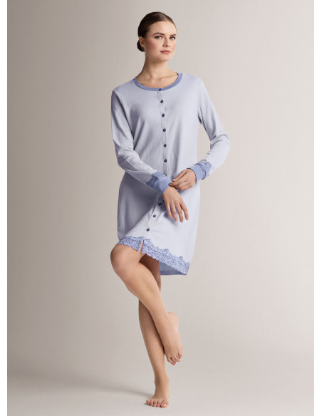 Camicia da notte aperta girocollo in cotone con maniche lunghe, girocollo e apertura frontale