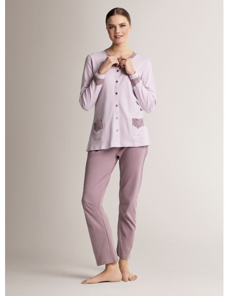 Cotton round-neck open-front pyjamas with open-front long-sleeve top and long straight-leg trousers