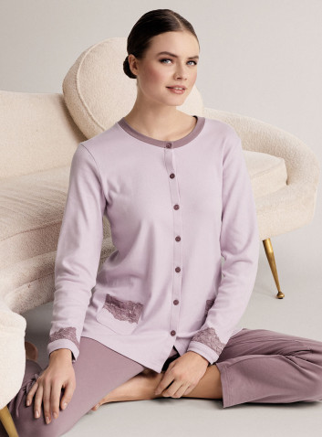 Pigiama aperto girocollo in cotone con maglia aperta a maniche lunghe e pantalone lungo dritto