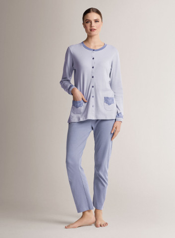 Pigiama aperto girocollo in cotone con maglia aperta a maniche lunghe e pantalone lungo dritto 2